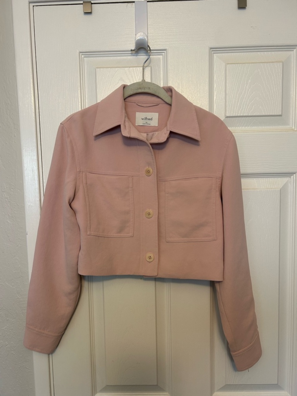 Aritzia Cropped Button-Front Jacket in Light Pink